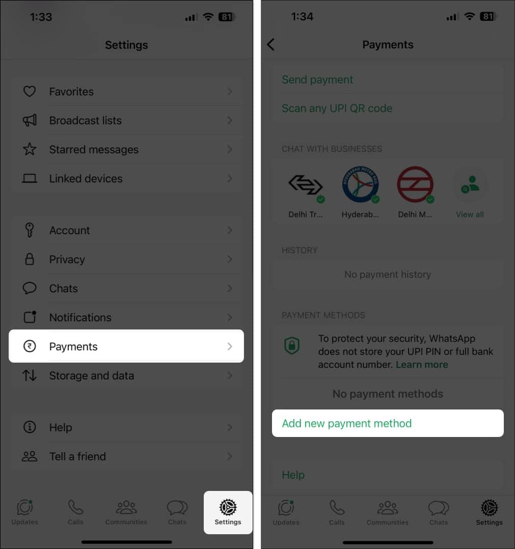Adding a new payment method in WhatsApp Payments on an iPhone.