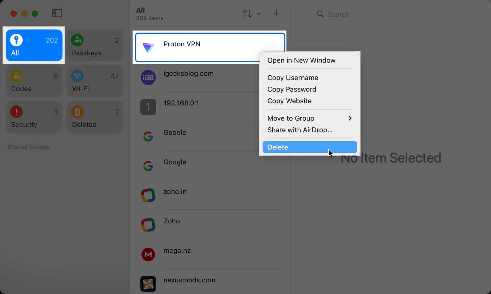 Delete password in Passwords app on Mac