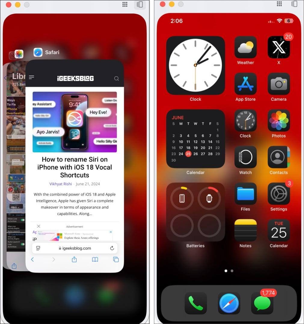 Preview of iPhone home screen and recent apps in iPhone Mirroring on Mac