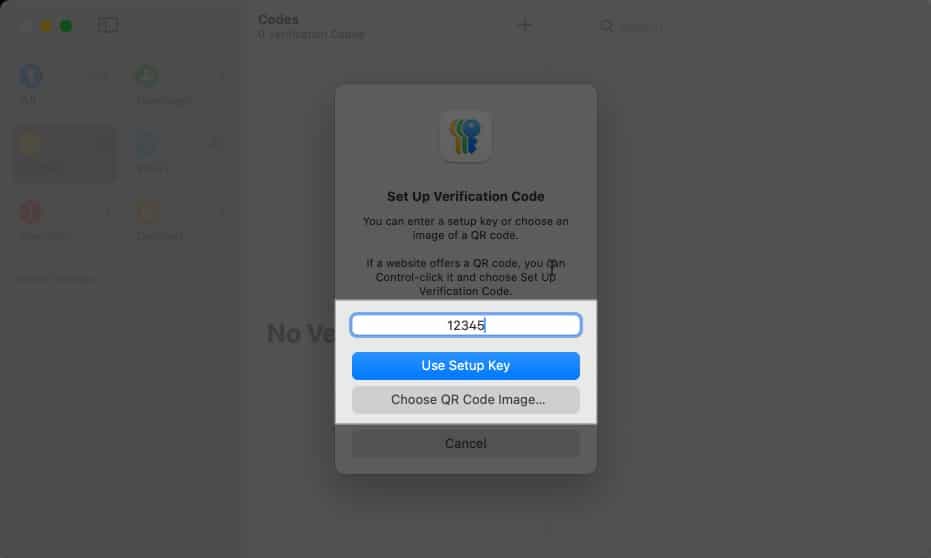Setup verification code to add 2FA in Passwords app on iPad, Mac