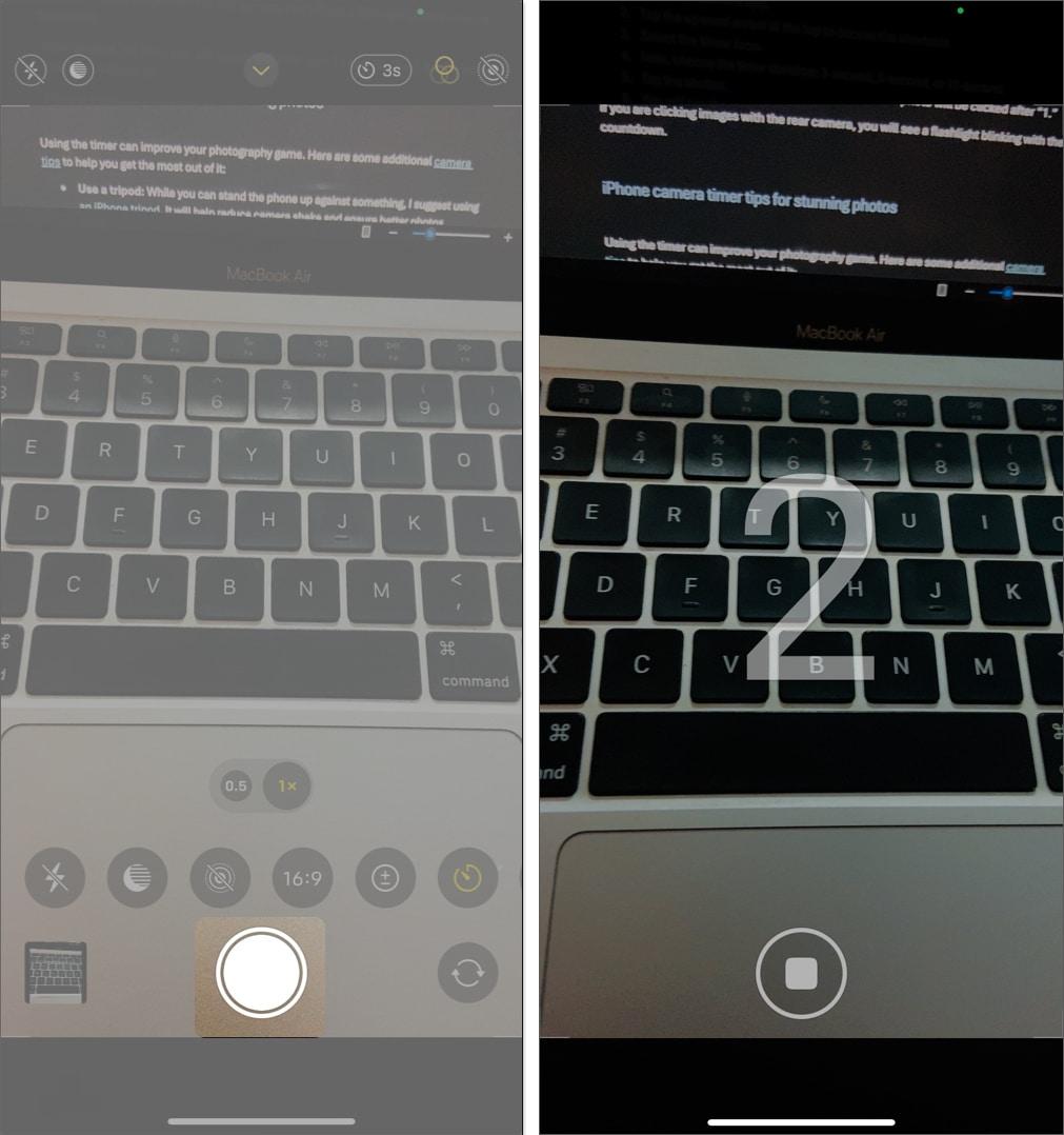 Tap Shutter button to click picture using iPhone Camera timer