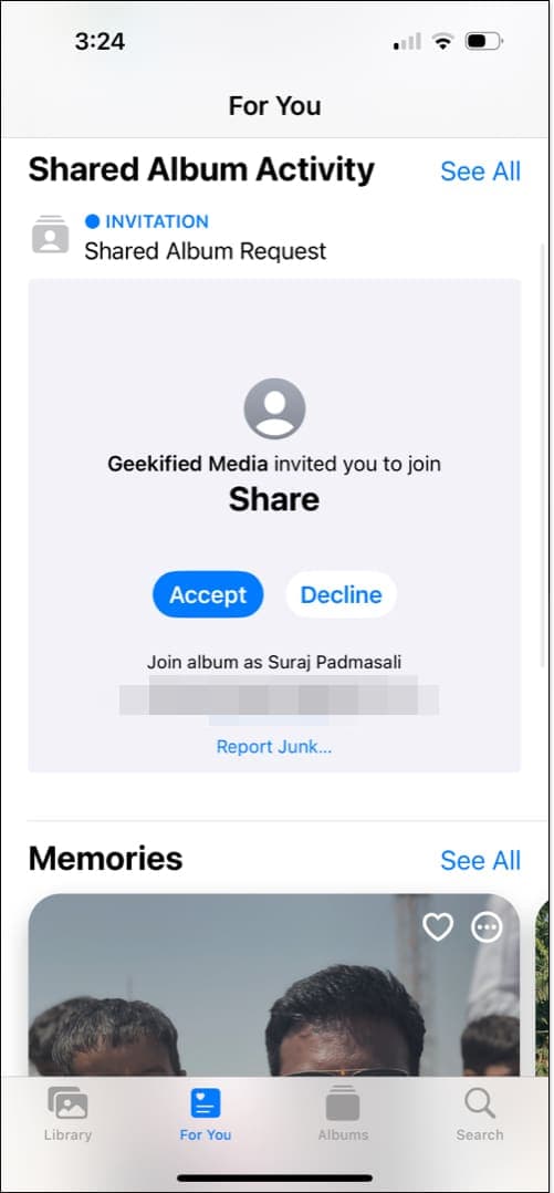 A Shared Album invitation in the Photos app on an iPhone.
