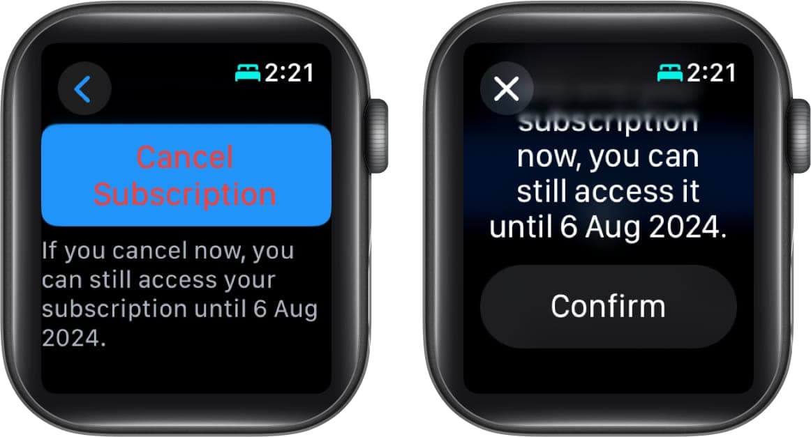 Cancel Subscription and Confirm buttons to cancel an active subscription on an Apple Watch.
