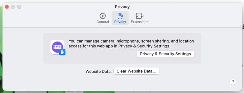 Privacy tab for a web app on a Mac.