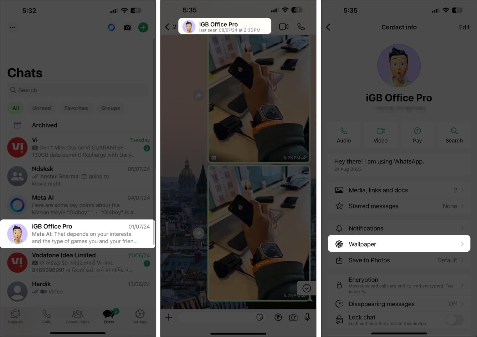 Wallpaper option for an individual chat on WhatsApp.