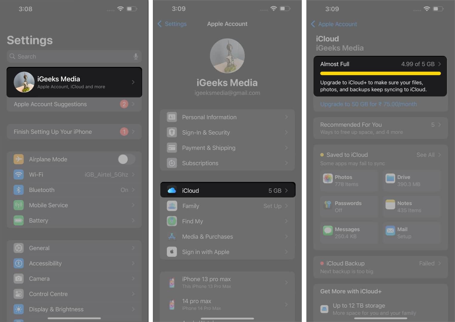 Check for icloud storage on iPhone