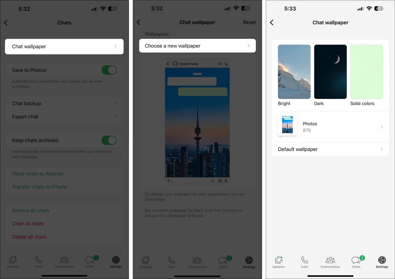 Chat Wallpaper and wallpaper selection pages in iOS Whatsapp app.