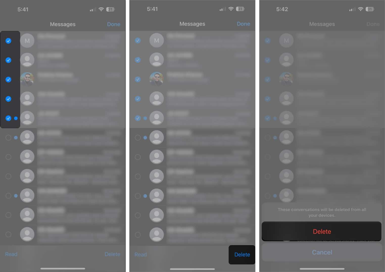Delete options in the Messages app to delete multiple conversations on an iPhone.