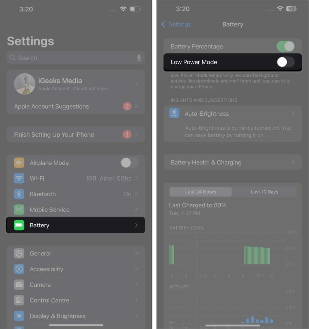 Disable low power mode on iPhone
