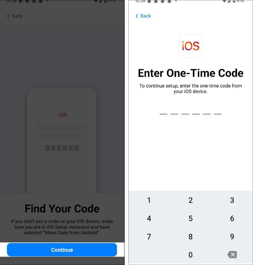 Entering one-time code from iPhone on Android to initiate the pairing process.