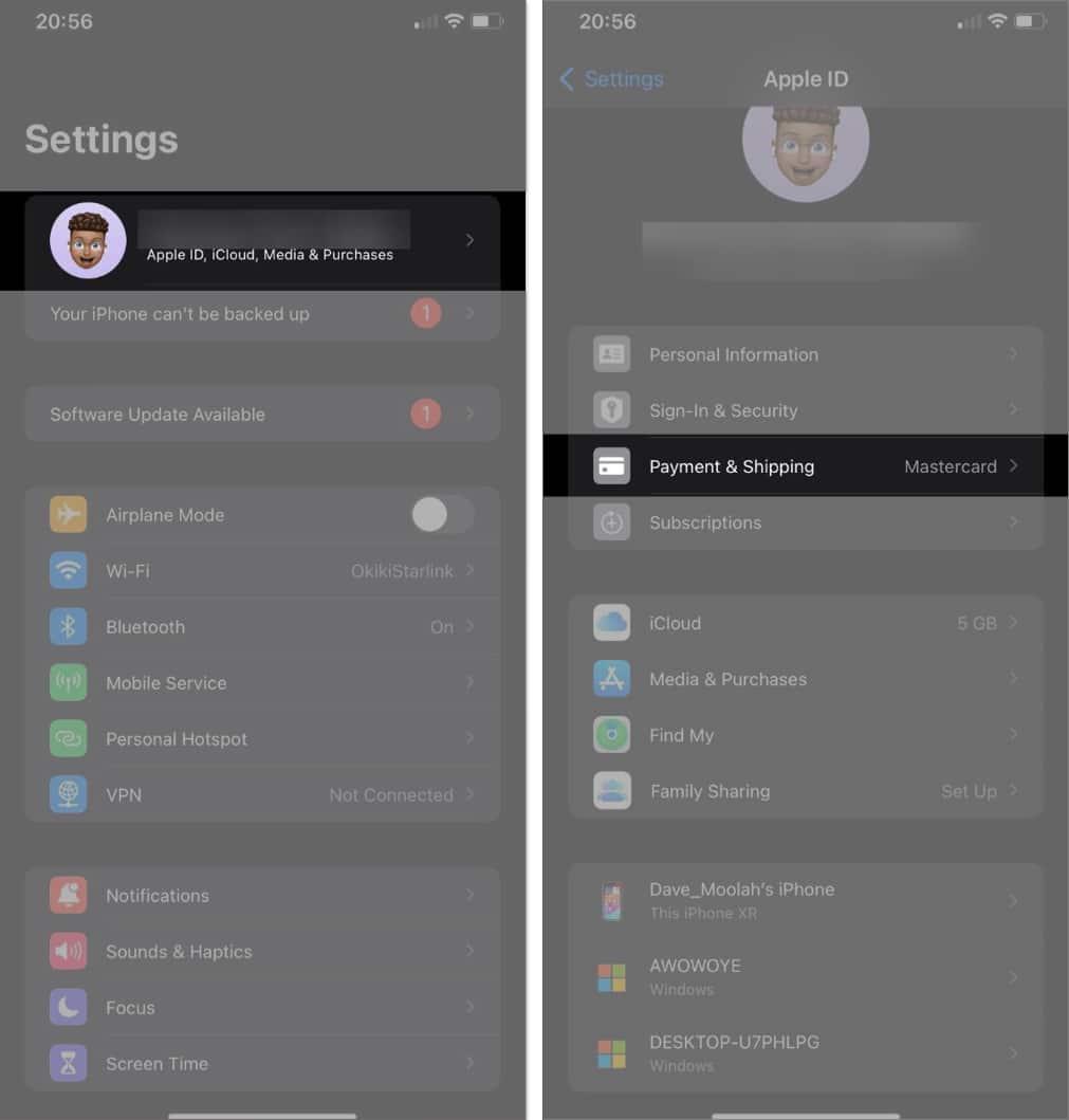 Payment & Shipping option under Apple account settings on an iPhone.