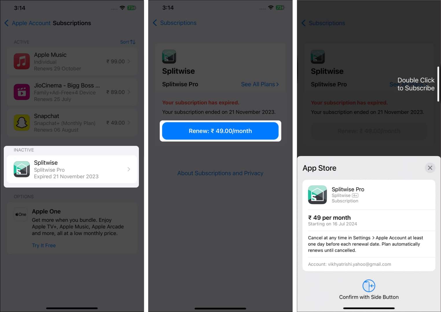 Renew button in the iPhone Settings and App Store to renew a subscription.
