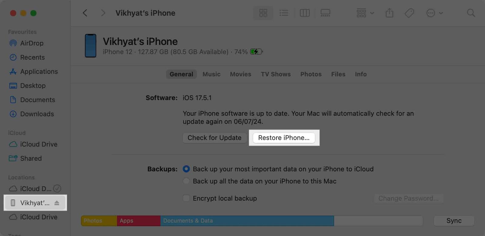 Restore iPhone option in Finder on a Mac.