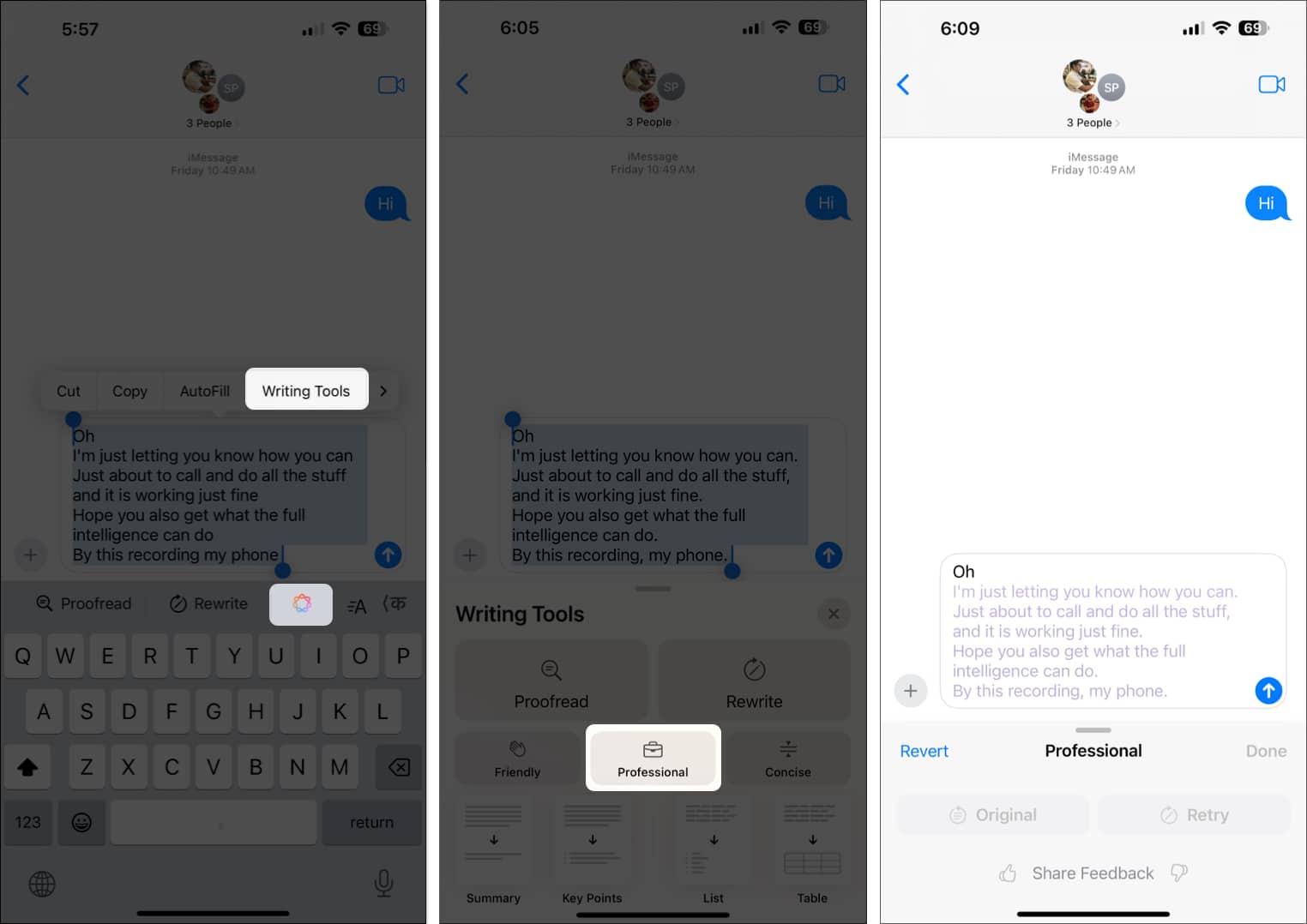 Using Writing Tools in the Messages app in iOS 18 to change the tone of a message.