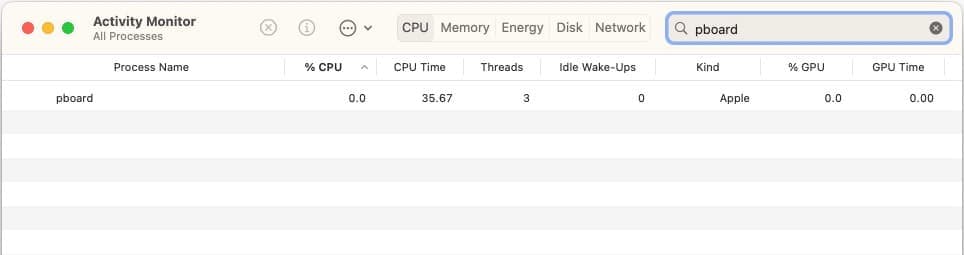 Search result for the pboard process in the macOS Activity Monitor app.