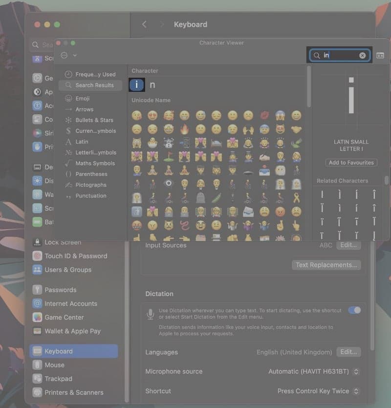 Searching for inverted exclamation in the Character Viewer window on a Mac.