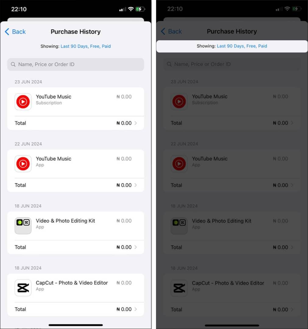 Purchase History with a list of App Store purcahses from the last 90 days on an iPhone.