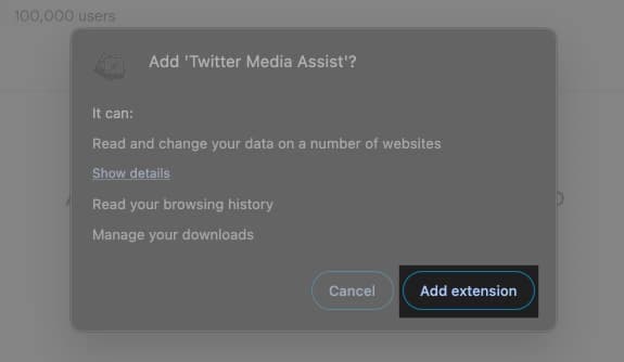 Prompt confirming addition of the Twitter Media Asset extension to Chrome on a desktop.