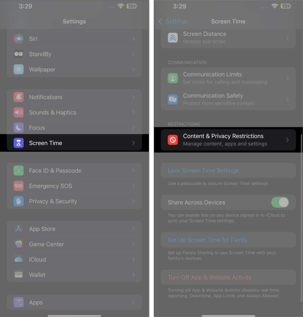 Content & Privacy Restrictions option under Screen Time settings on an iPhone.