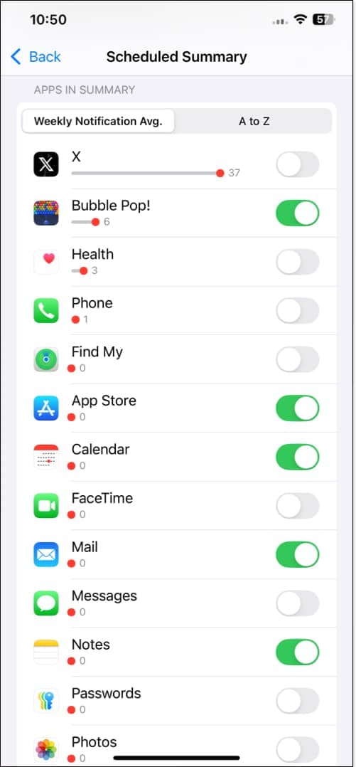 Toggles to turn on or off Scheduled Summary for apps on an iPhone.