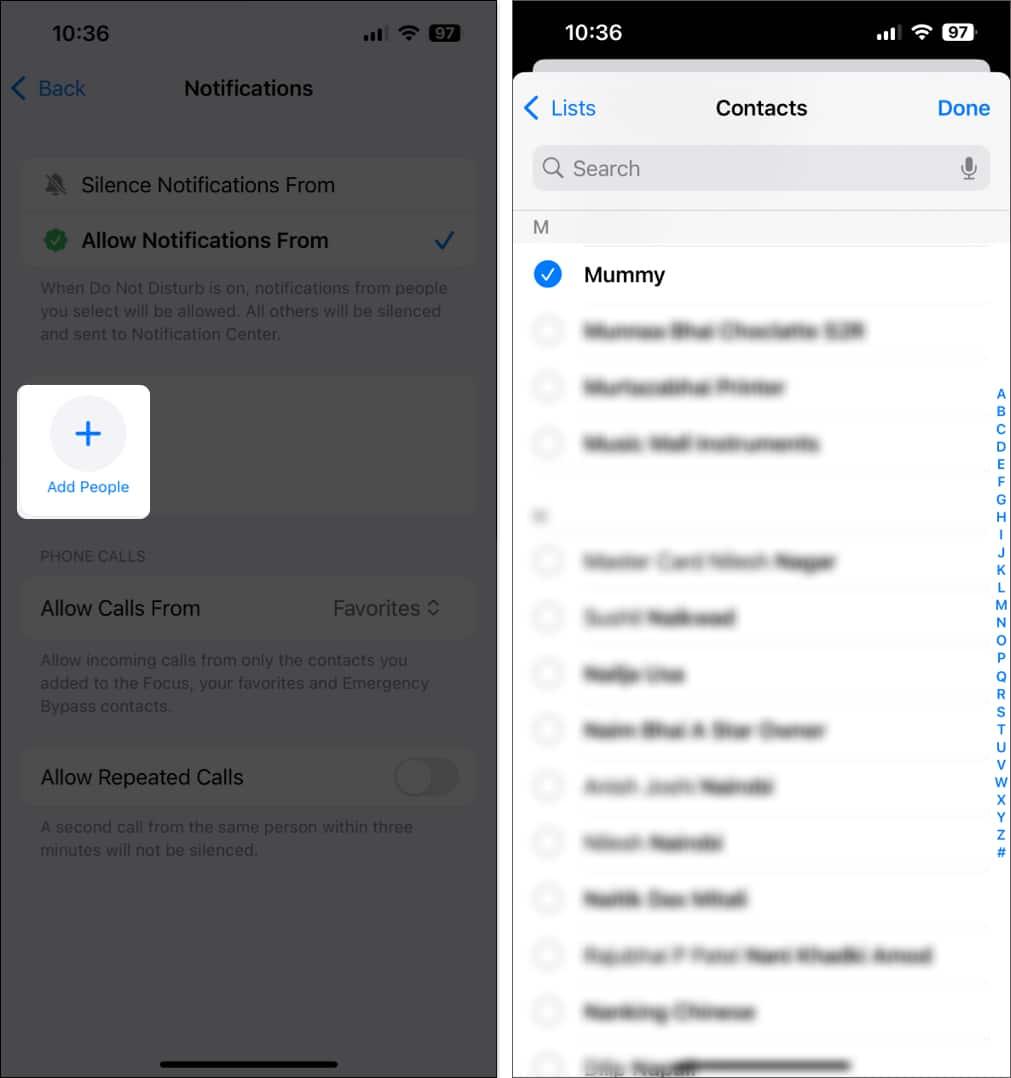 Add People option in Do Not Disturb Focus setting on iPhone to allow notifications from specific people.