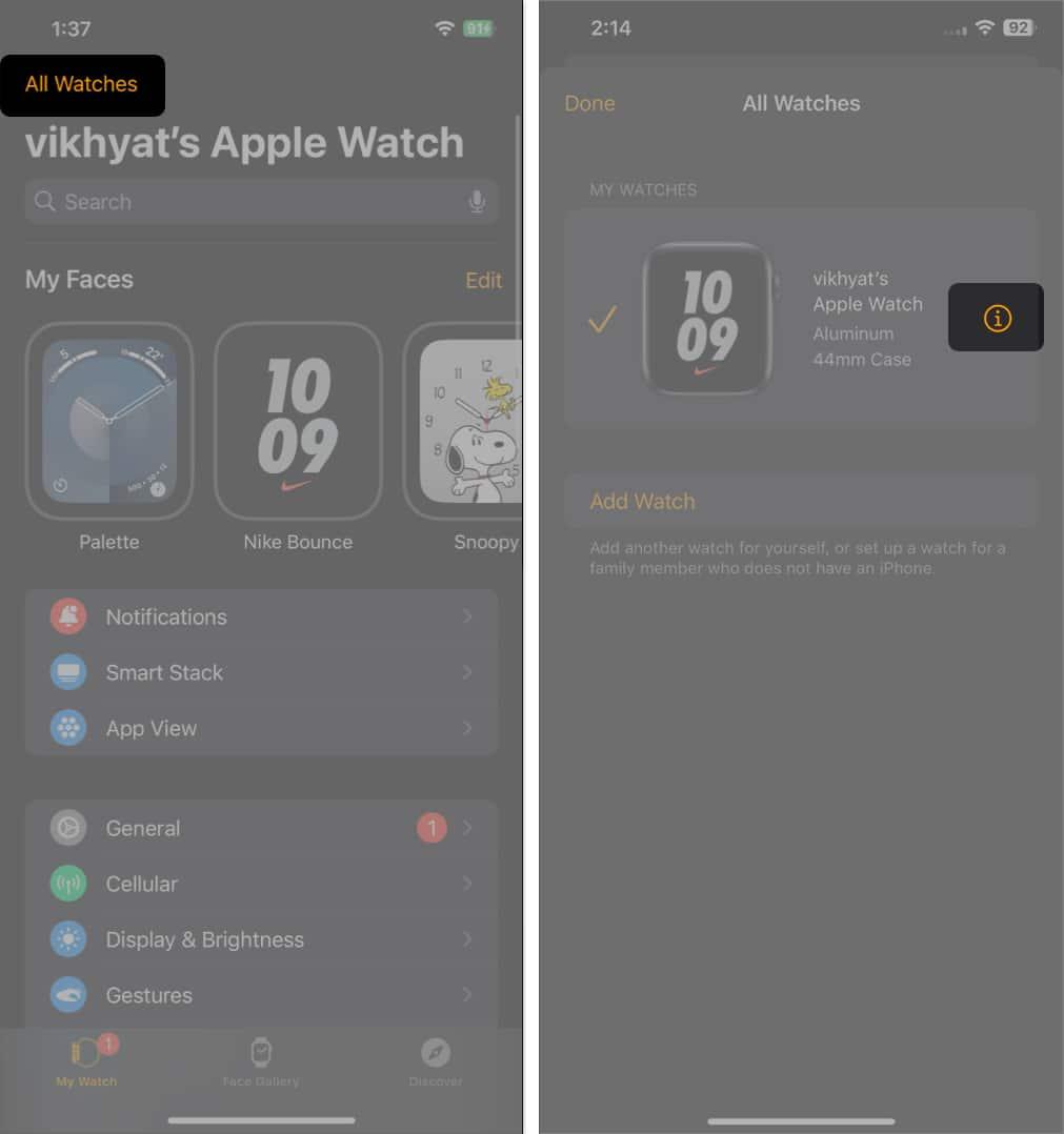 i button to view more details about the paired Apple Watch in the Watch app on an iPhone.
