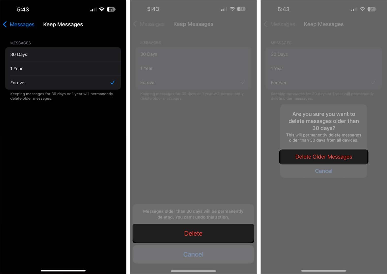 Keep Messages screen with different time frame options to delete messages automatically.