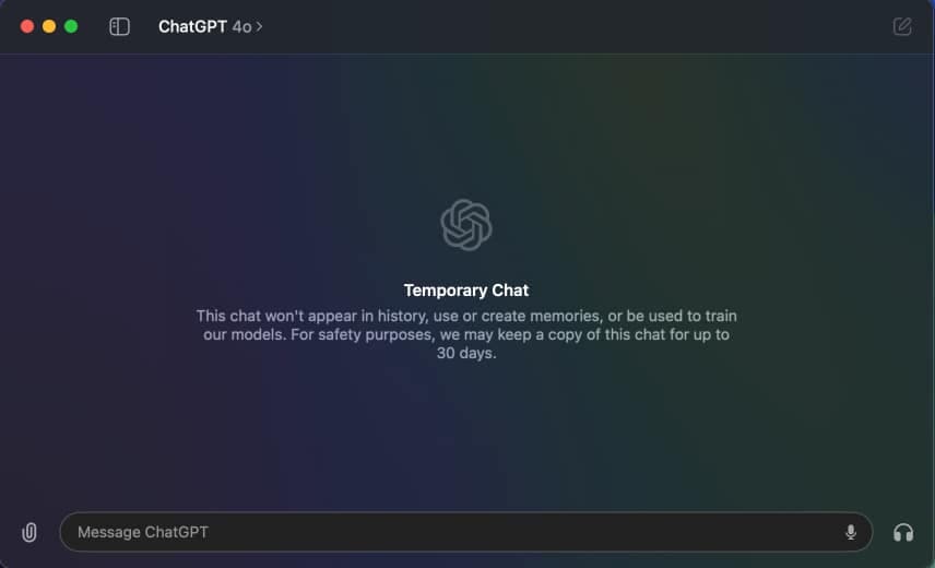 Start Temporary chat in ChatGPT app on Mac