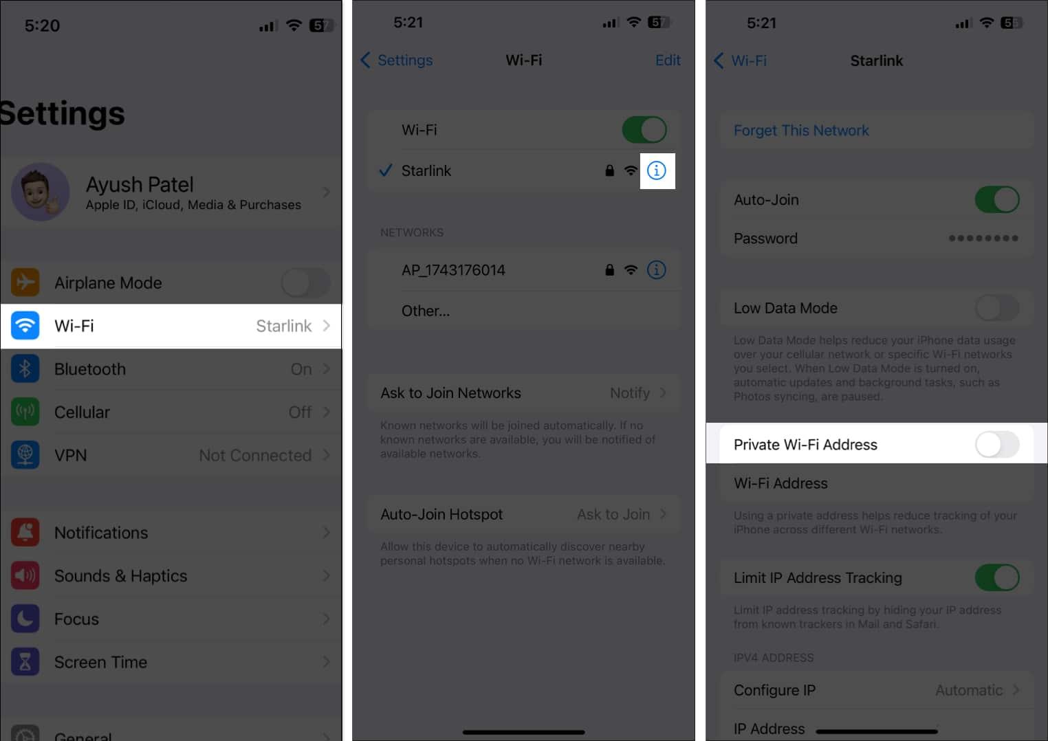 Private Wi-Fi Address option in the Settings app on an iPhone.