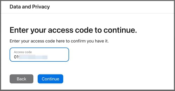 Entering access code for Apple ID deletion.