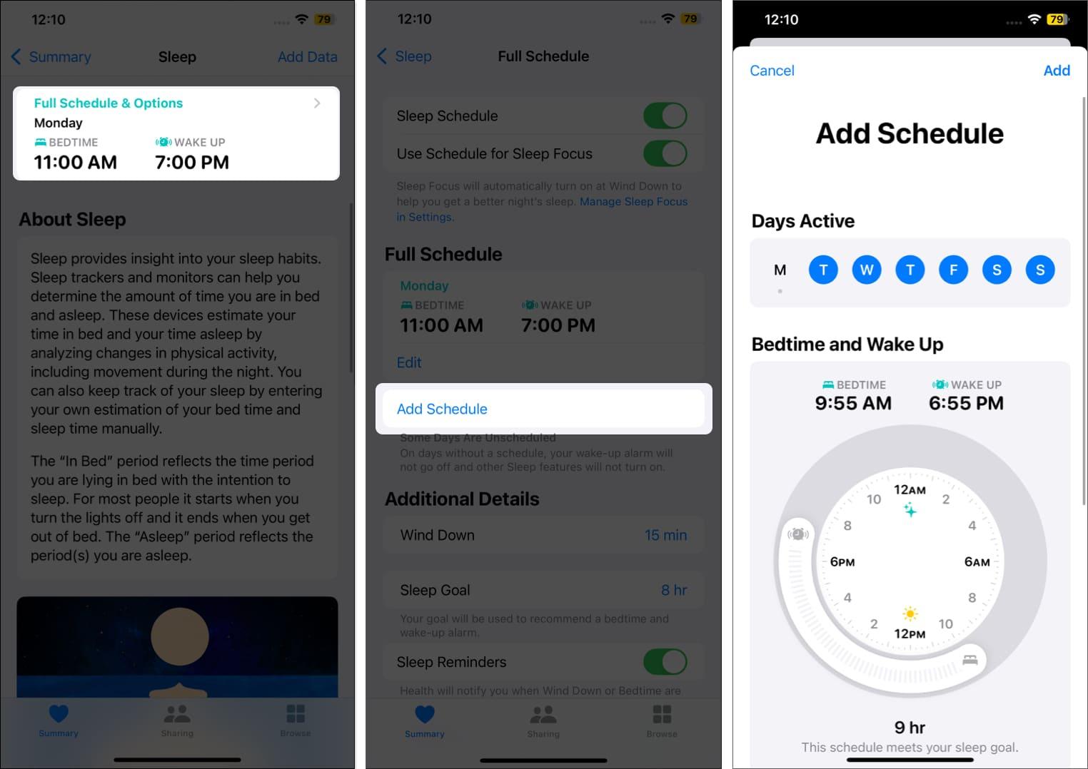 Adding a new Sleep Schedule in the Watch app on an iPhone.