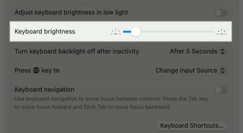 Keyboard Brightness option in macOS System Settings.