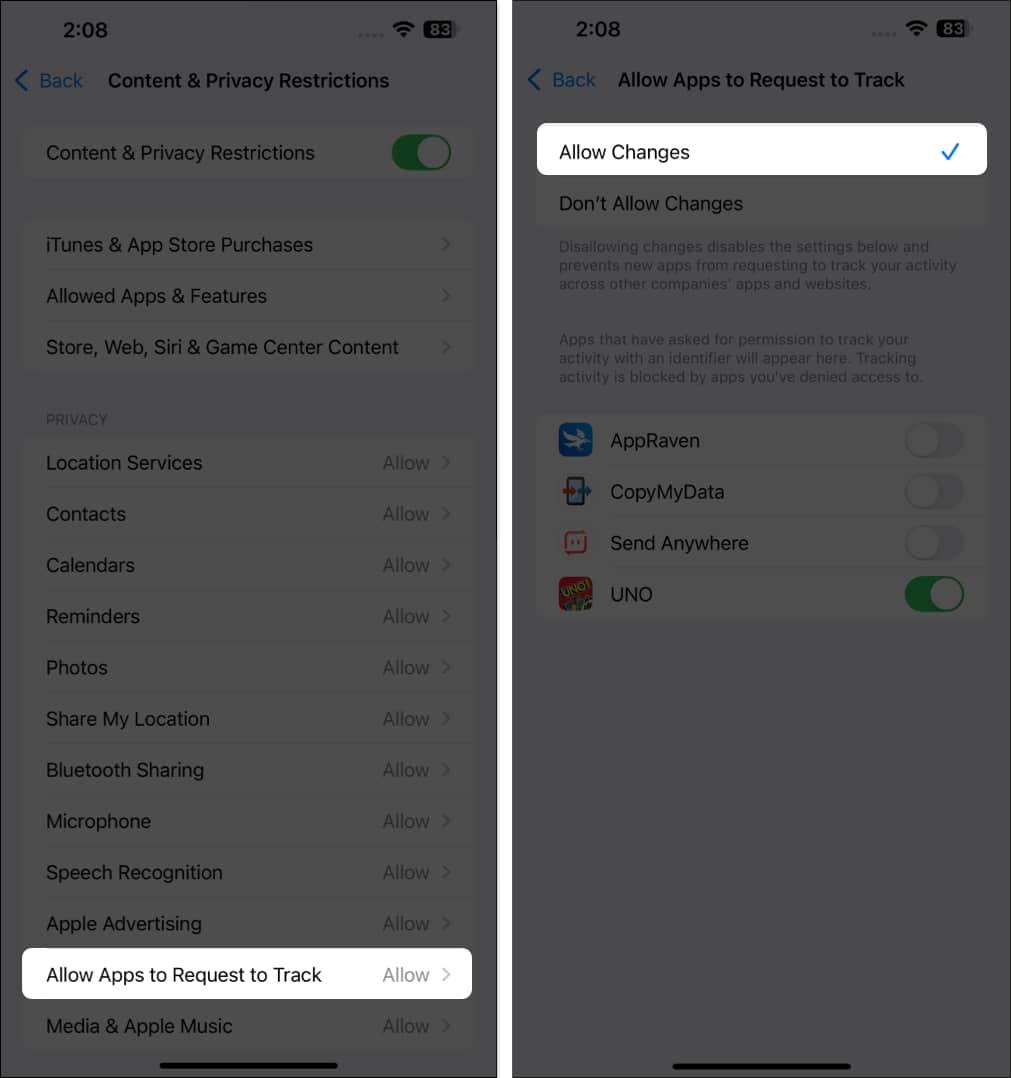 Selecting the Allow Changes option to allow apps to request to track on an iPhone.