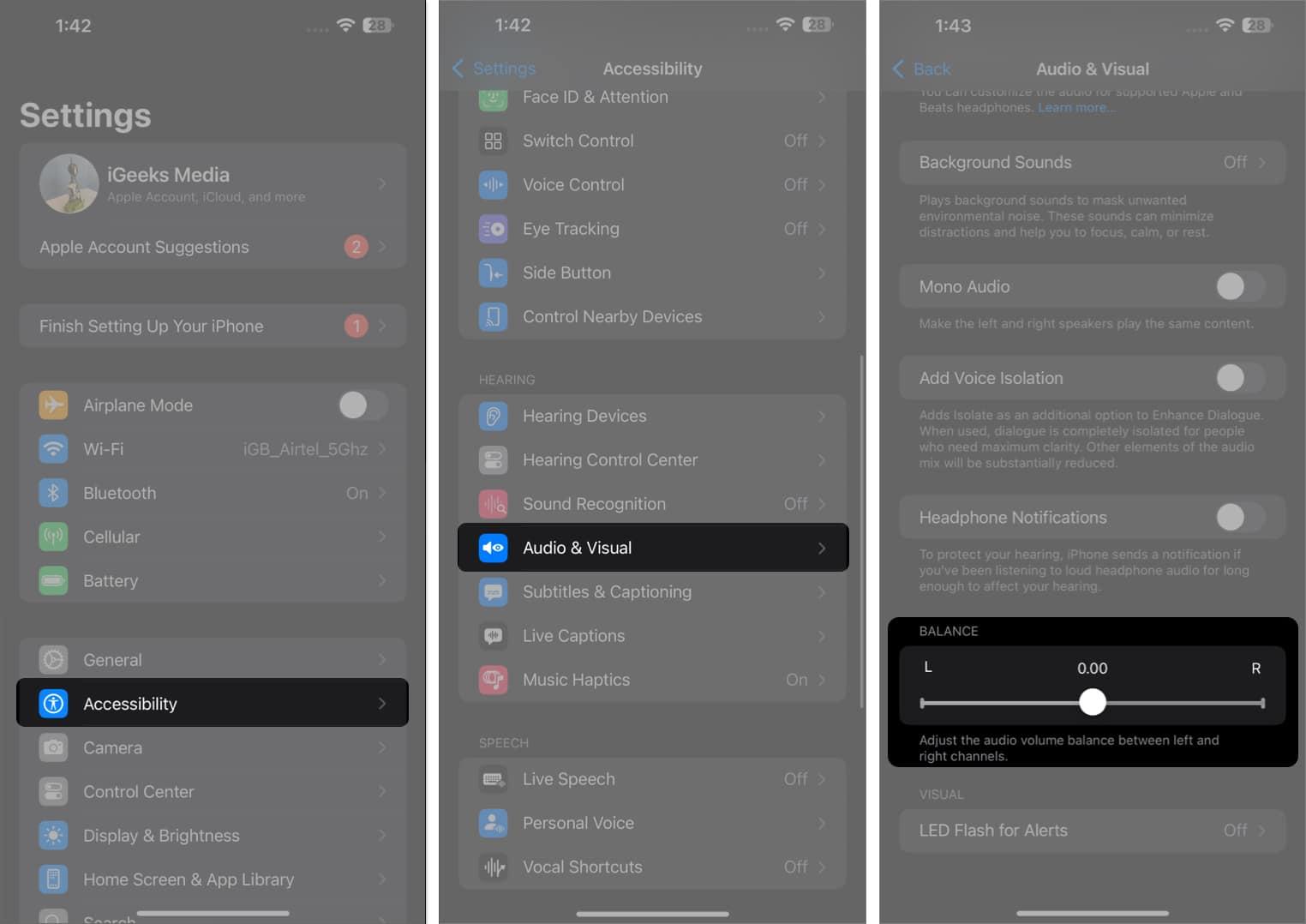 Adjusting the stereo balance setting for AirPods in iPhone Settings app.
