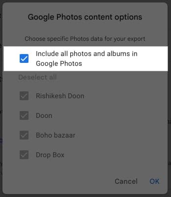 Google Photos Content Options prompt on Google Takeout.
