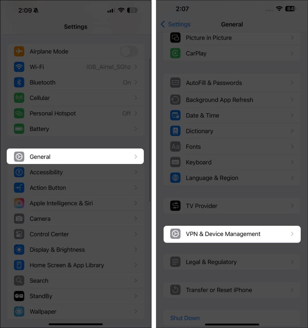VPN & Device Management option under General settings on an iPhone.