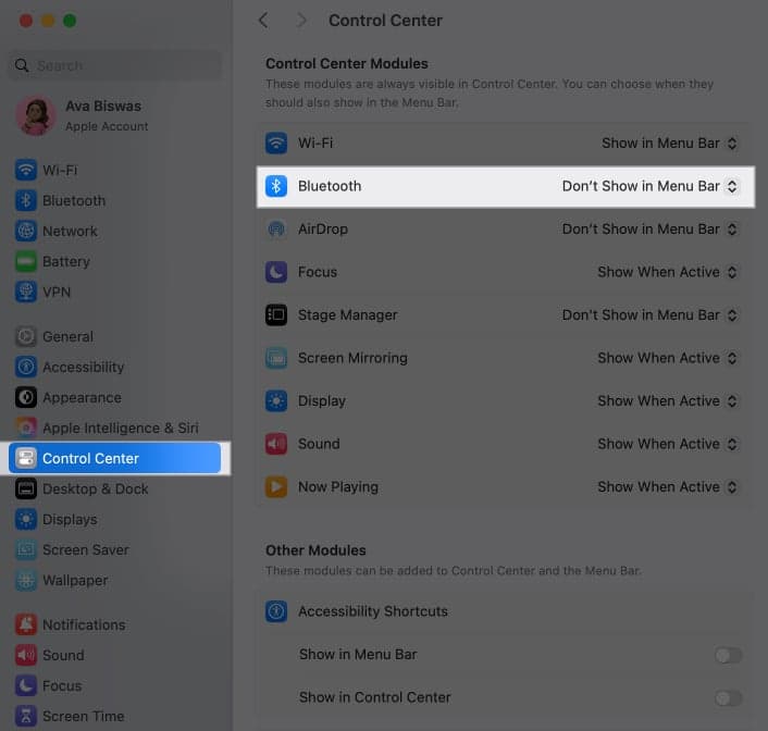 Click on Bluetooth in Control Center settings on Mac
