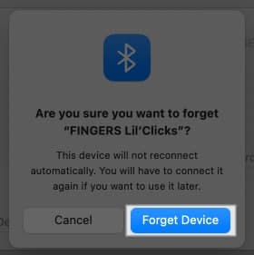 Forget Device button to confirm forgetting the paired device.