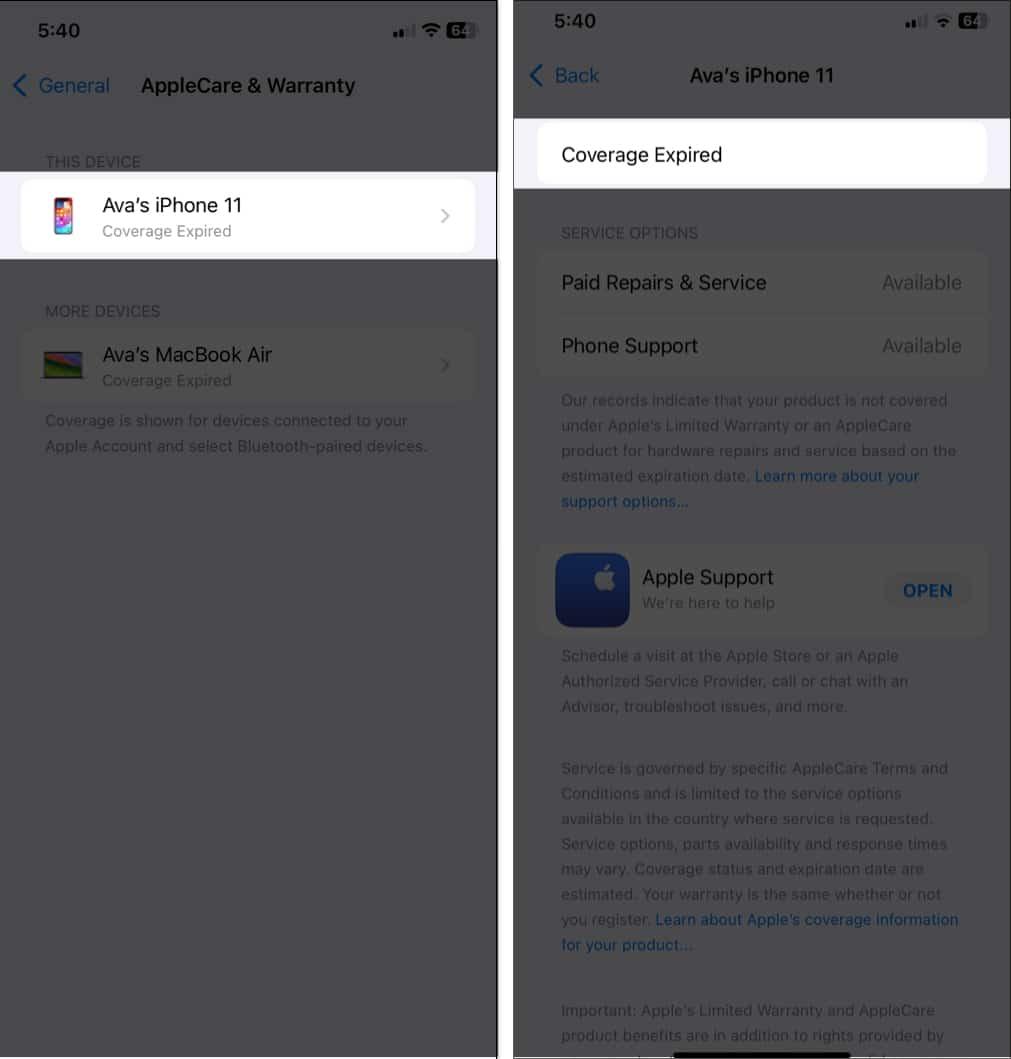 Checking the warranty status of an iPhone in the Settings app.