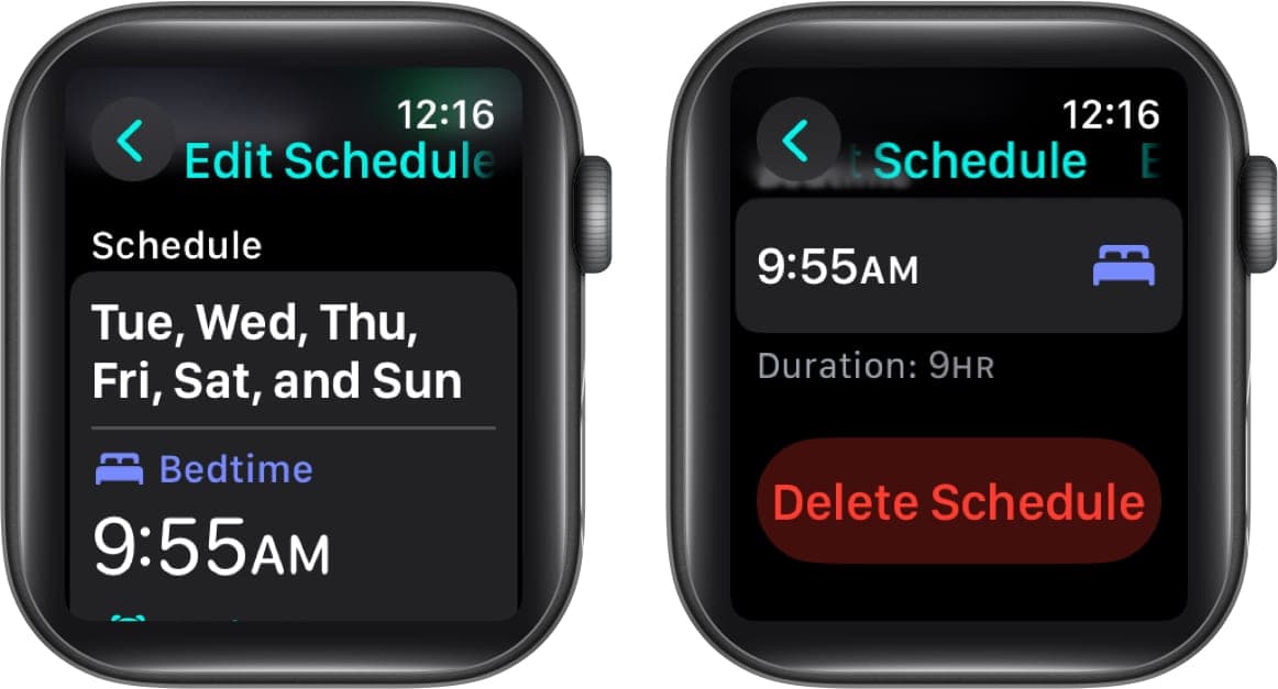 Delete Schedule option in the Sleep app on an Apple Watch to delete a Sleep Schedule.