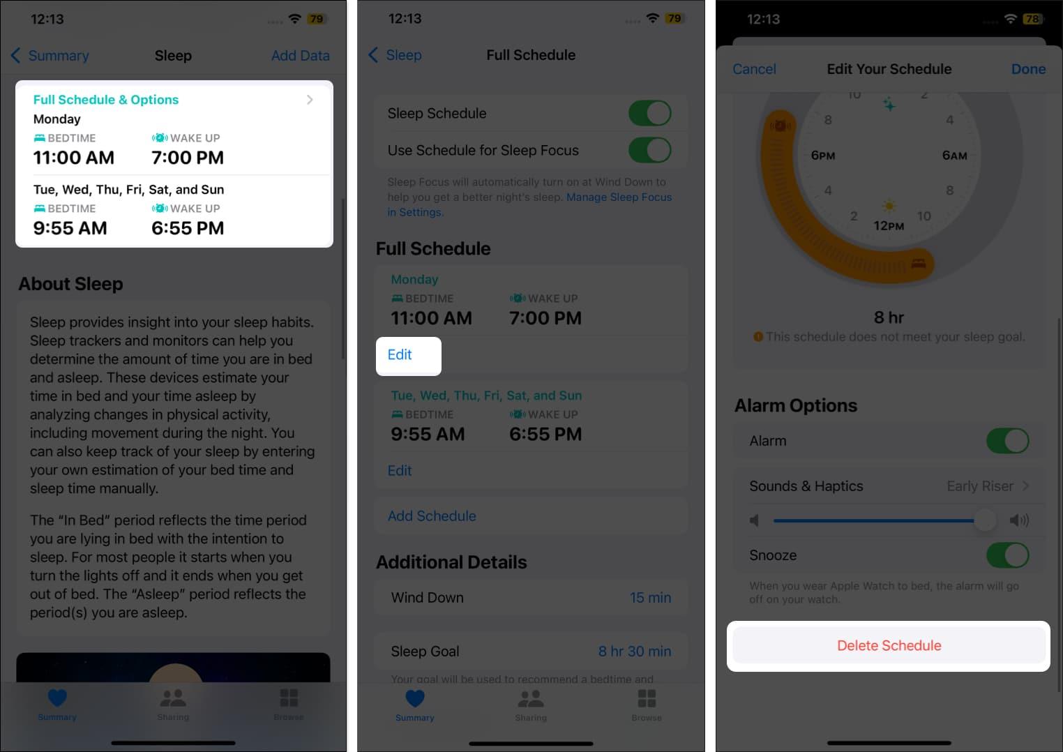 Delete Schedule option in the Watch app to delete a Sleep Schedule.
