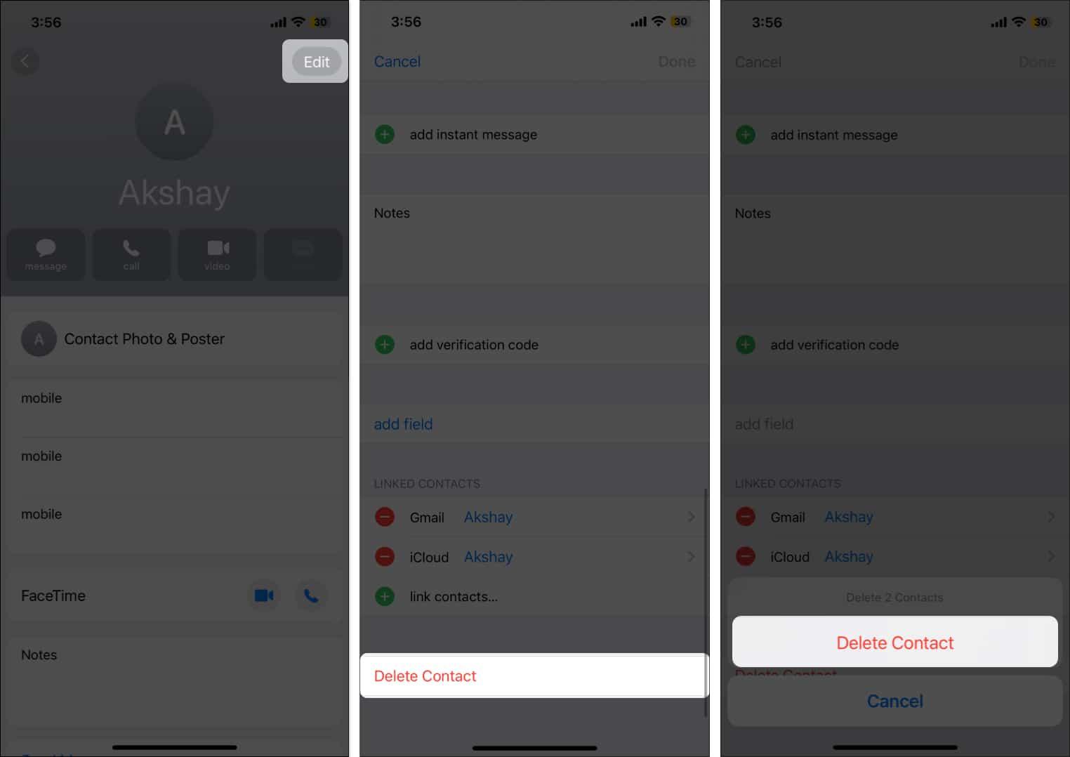 Delete Contact option in the Contacts app to delete a contact on the iPhone.