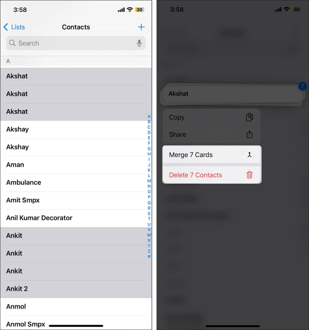 Selecting multiple contacts and deleting them in the iOS Contacts app.
