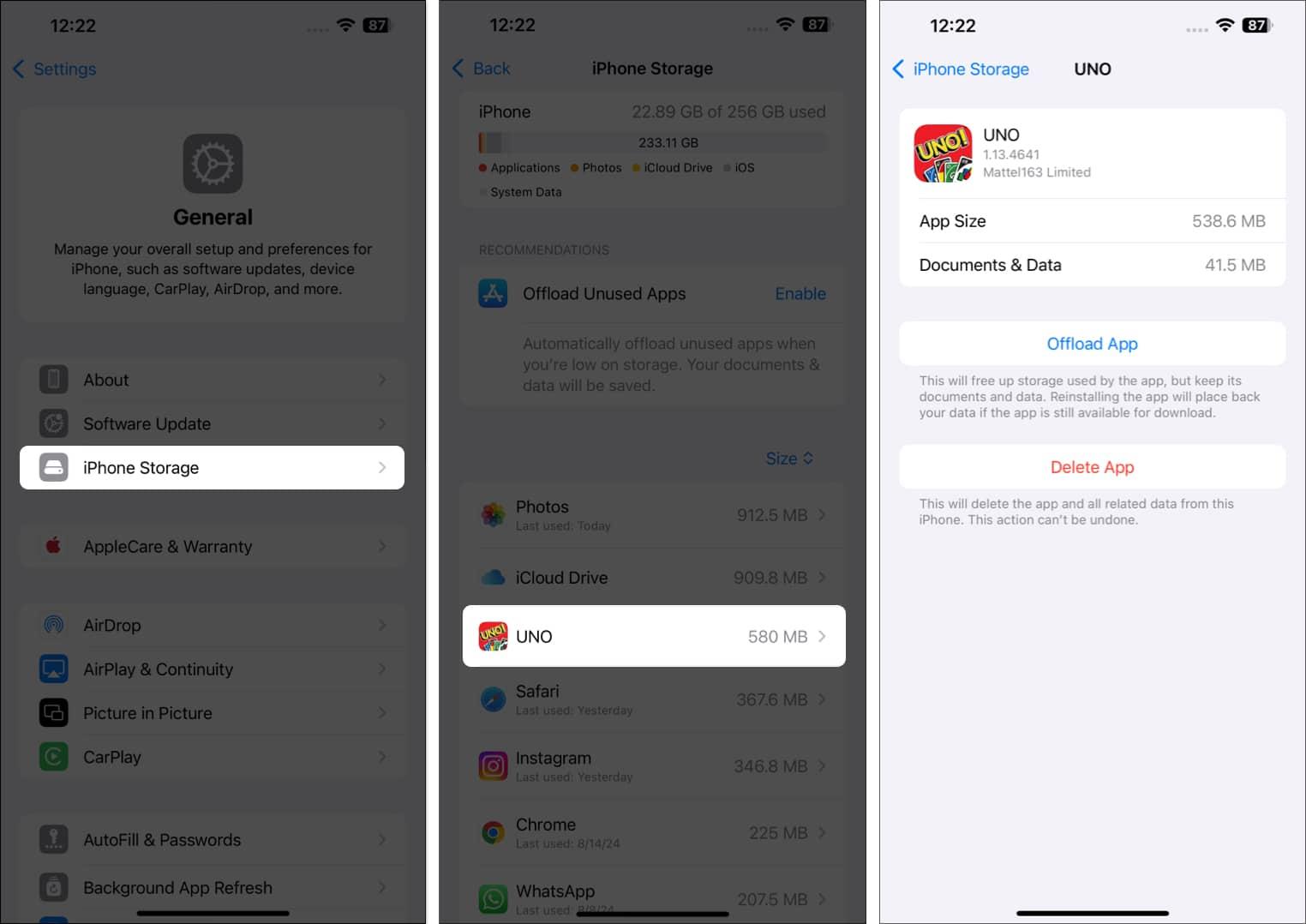 Delete or Offload app from iPhone settings