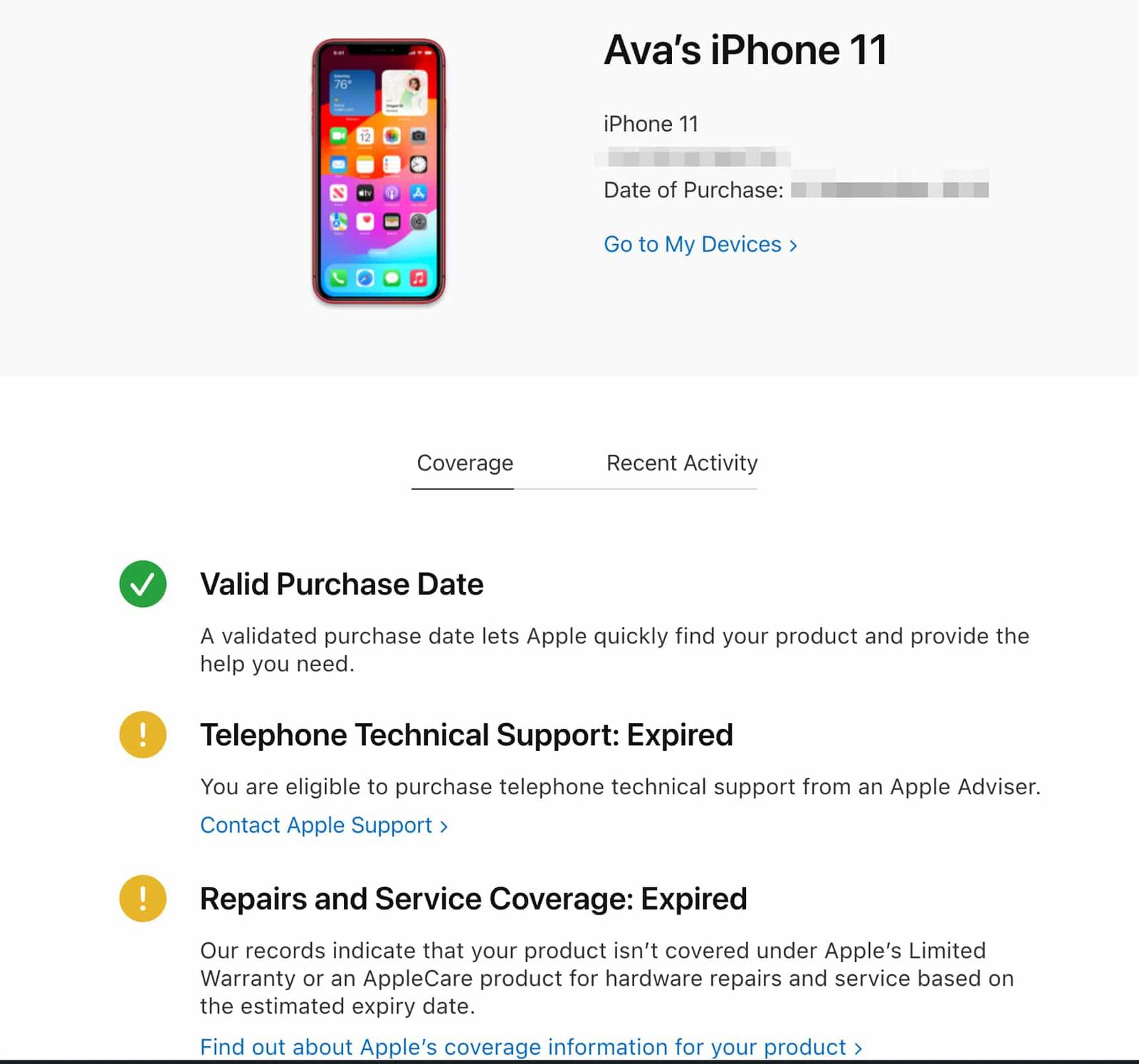 Warranty details of an iPhone on Apple's My Support page.