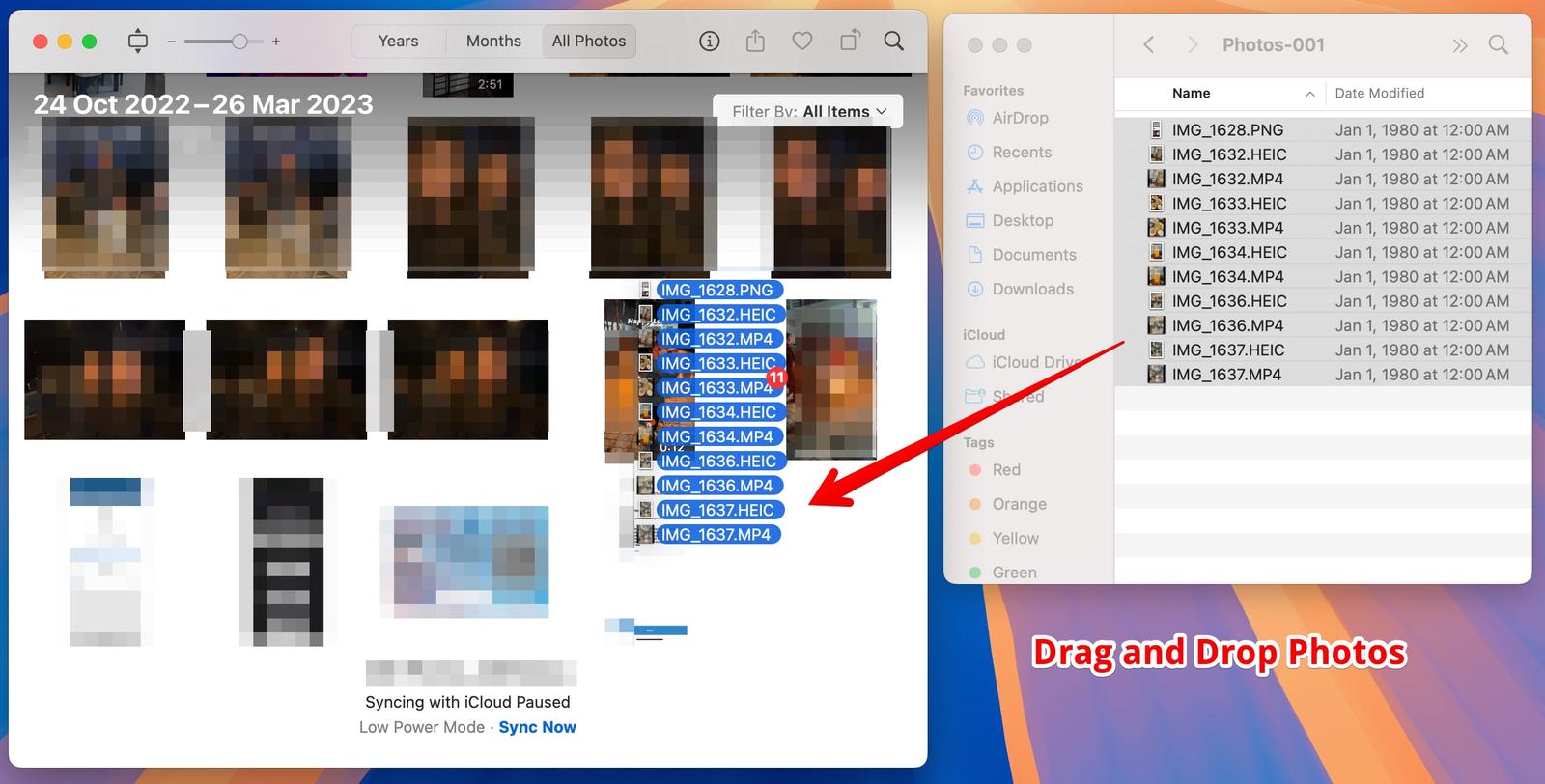 Dragging and dropping downloaded photos onto the Photos app on a Mac.