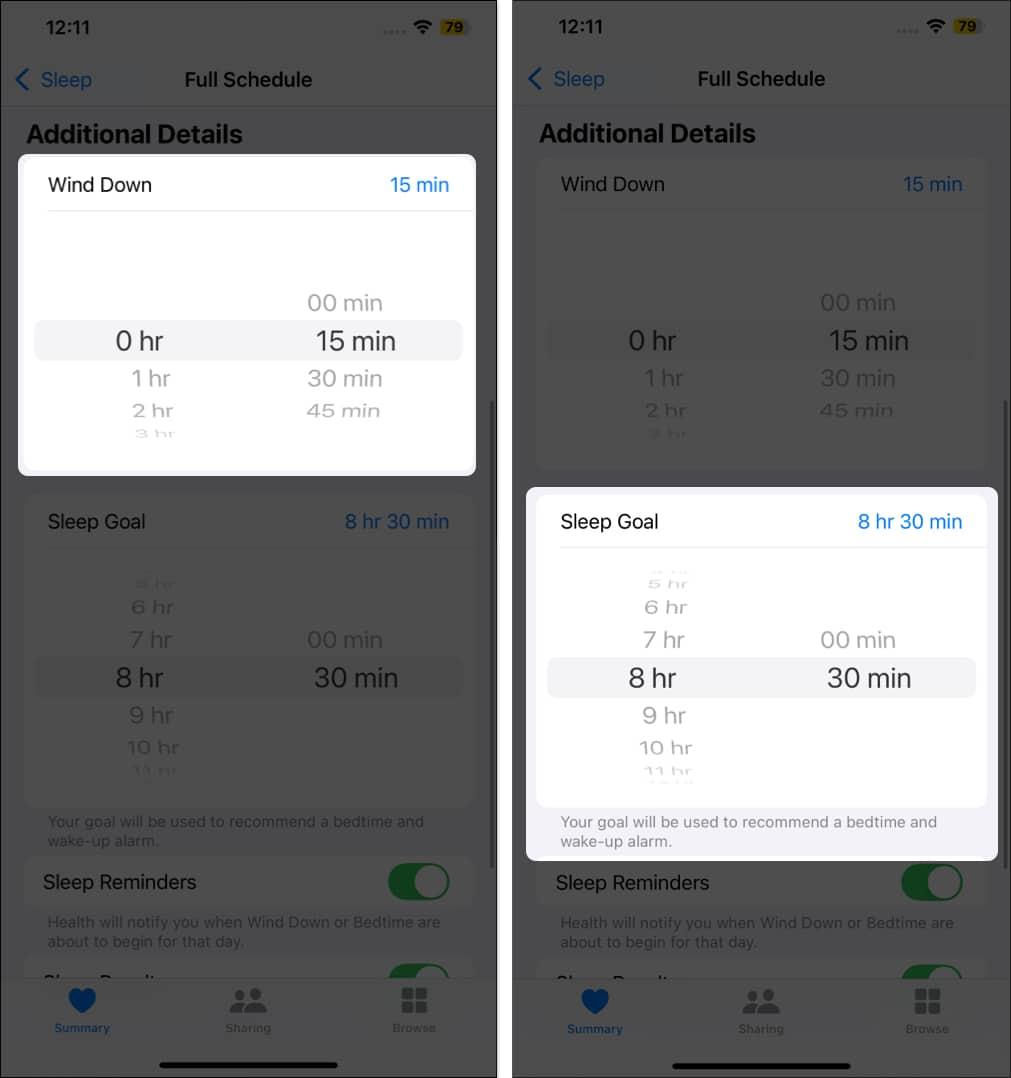 Setting up Wind Down and Sleep Goal in the Watch app on an iPhone.