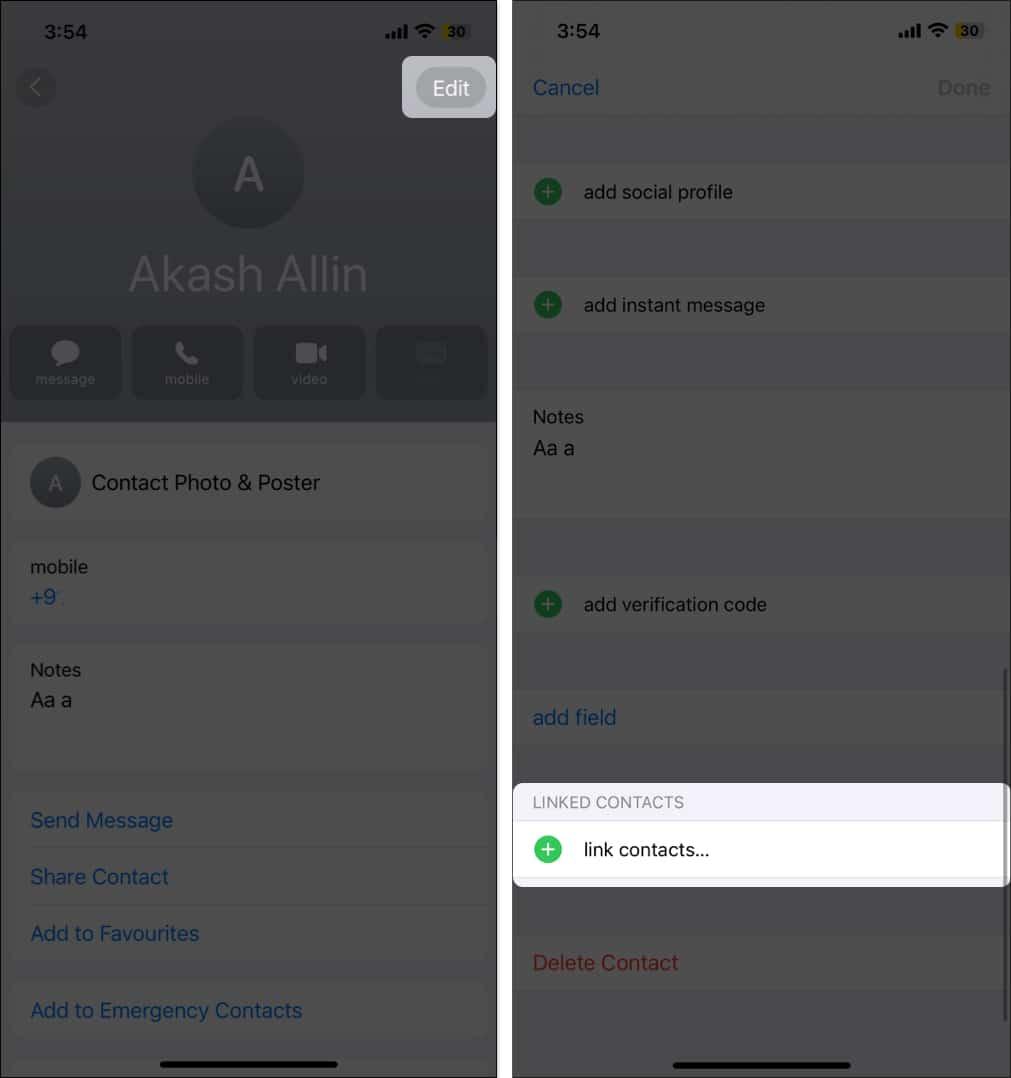 Link Contacts option for a contact in the iPhone Contacts app.