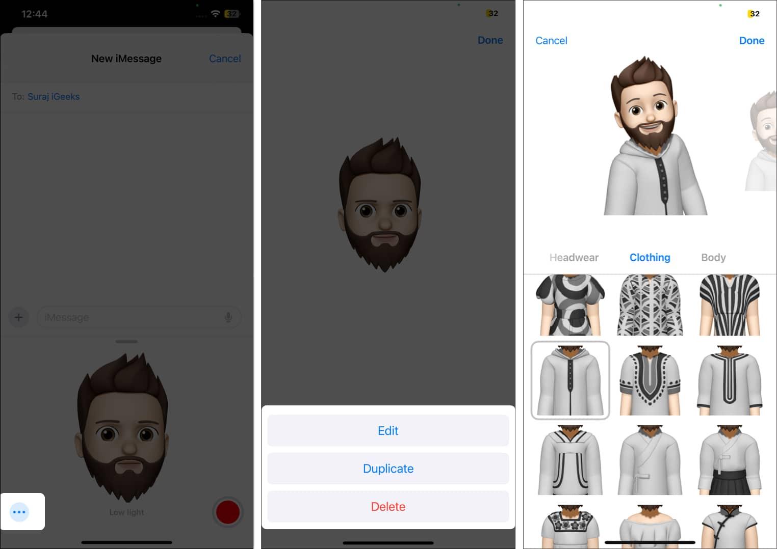 Editing a Memoji in the iOS Messages app on an iPhone.