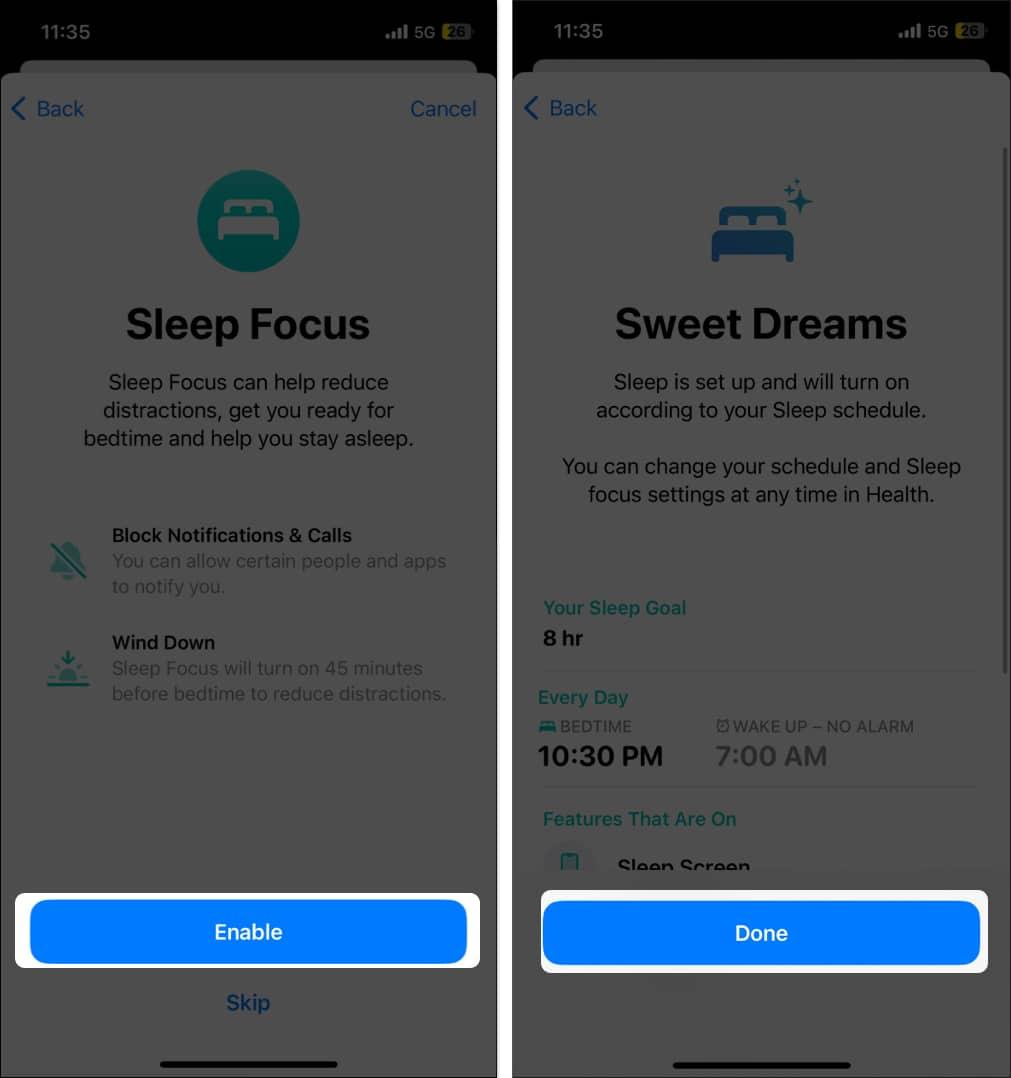 Enabling Sleep Focus in the Watch app.